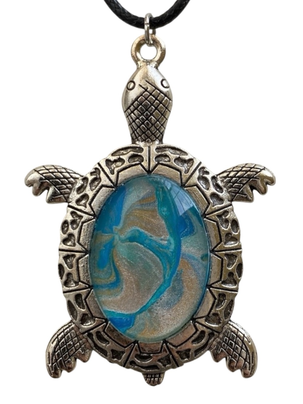 Hand Crafted Fluid Art Necklace Ocean Blue and Gold Sea Turtle Pendant